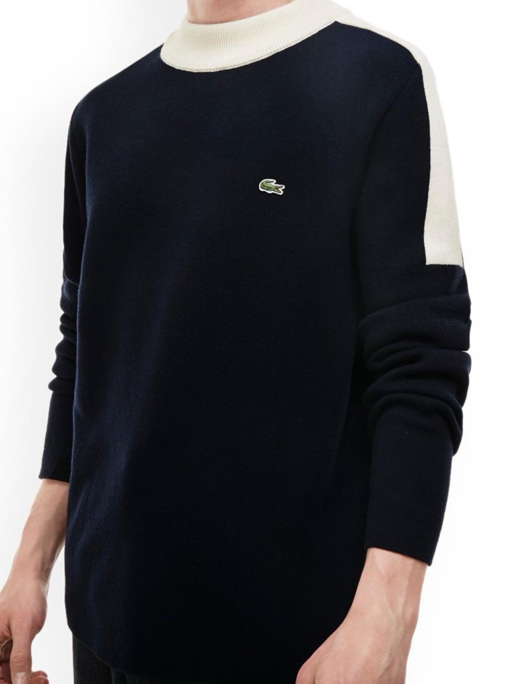 Lacoste Woolen Navy Blue + Cream Color-Block Sweater